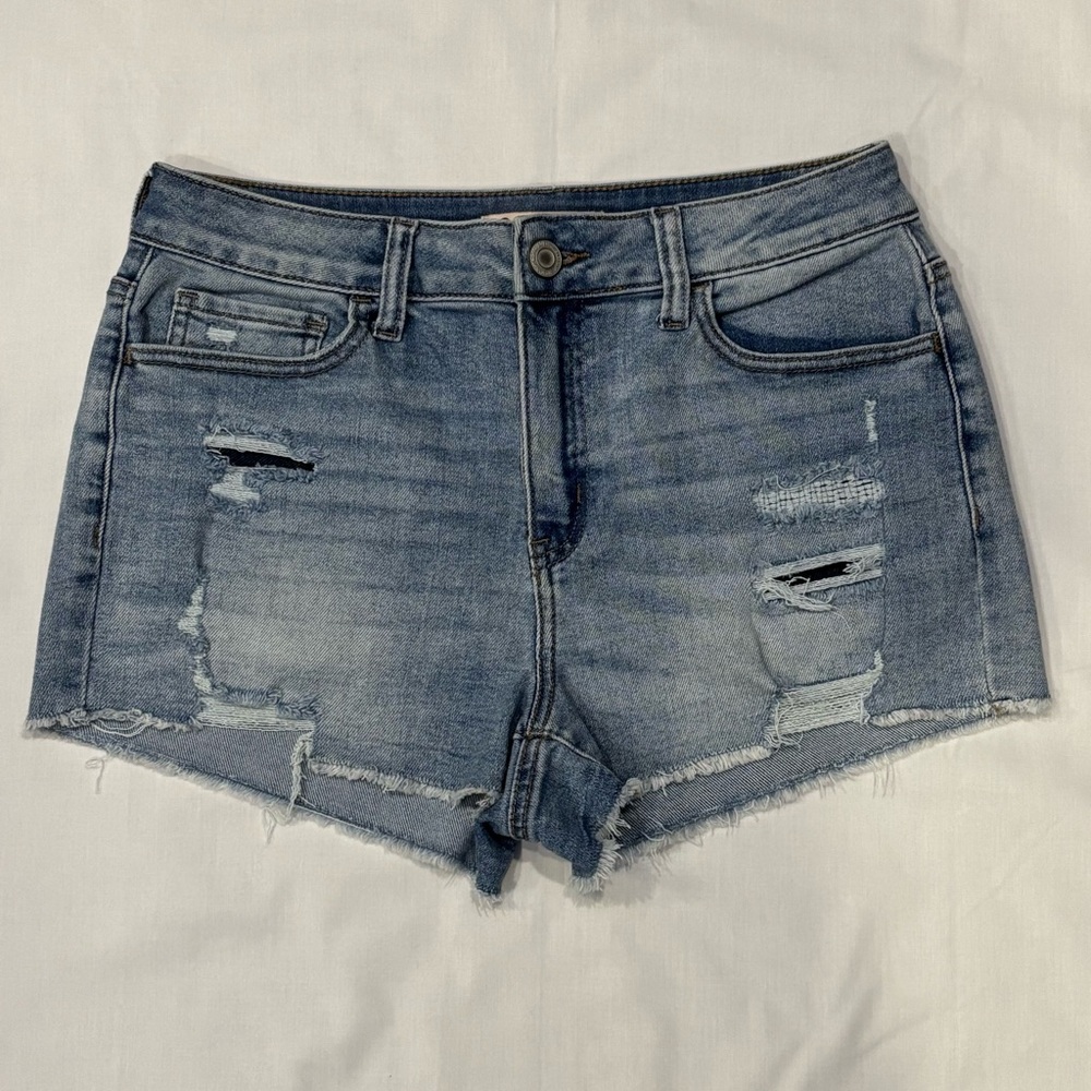 SO Medium Wash Frayed Raw Hem High Rise Denim Jean Shortie Shorts Size 11
